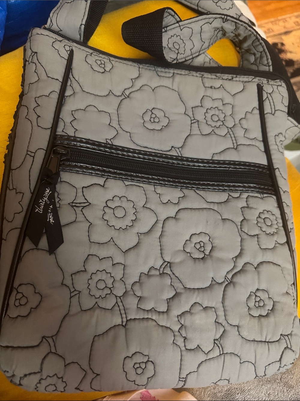 thirty-one Gray Quilted Floral Crossbody with Black Trim and Zipper